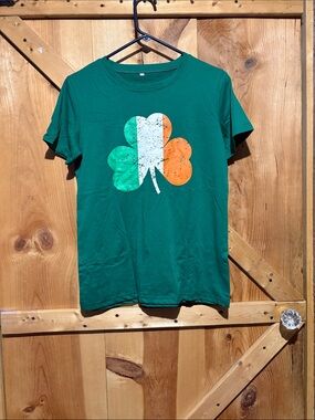 Green Short-Sleeve Shamrock Tee with Irish Flag Graphic